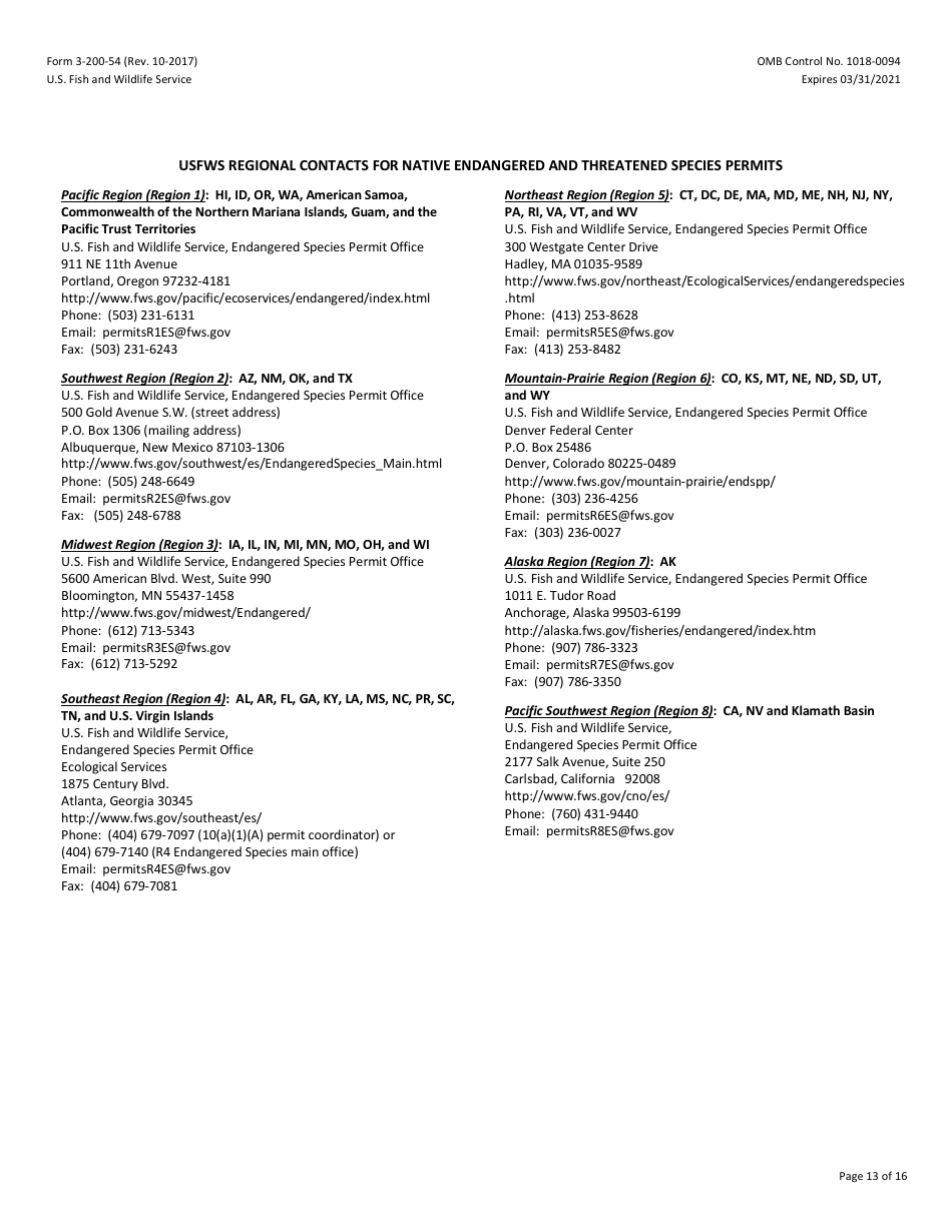 FWS Form 3-200-54 Federal Fish and Wildlife Permit Application Form - Native Endangered  Threatened Species - Enhancement of Survival Permits Associated With Safe Harbor Agreement  Candidate Conservation Agreement With Assurances, Page 13