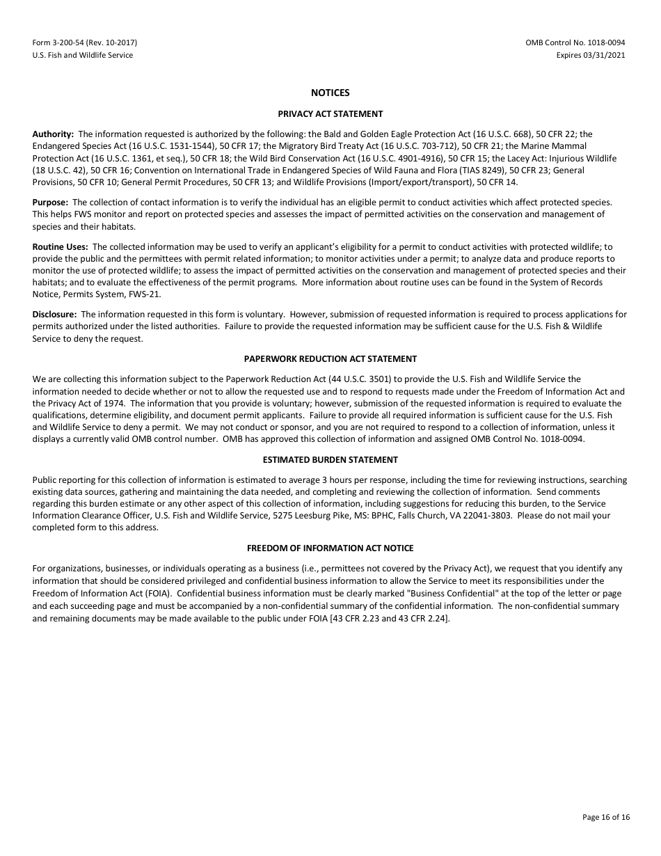 FWS Form 3-200-54 Federal Fish and Wildlife Permit Application Form - Native Endangered  Threatened Species - Enhancement of Survival Permits Associated With Safe Harbor Agreement  Candidate Conservation Agreement With Assurances, Page 16