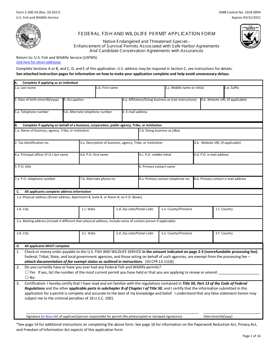 FWS Form 3-200-54 Federal Fish and Wildlife Permit Application Form - Native Endangered  Threatened Species - Enhancement of Survival Permits Associated With Safe Harbor Agreement  Candidate Conservation Agreement With Assurances, Page 1