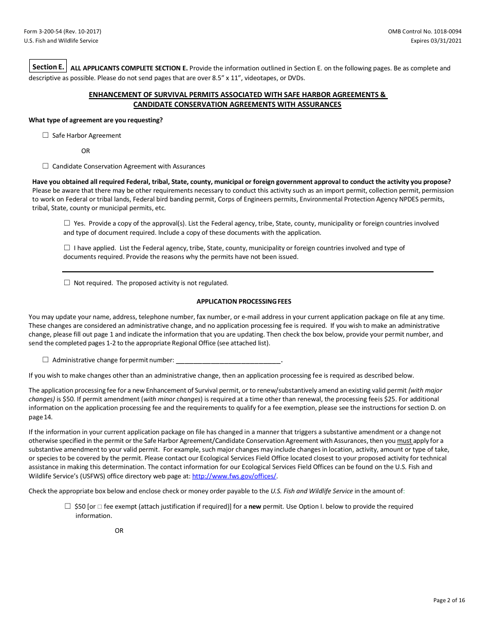 FWS Form 3-200-54 Federal Fish and Wildlife Permit Application Form - Native Endangered  Threatened Species - Enhancement of Survival Permits Associated With Safe Harbor Agreement  Candidate Conservation Agreement With Assurances, Page 2