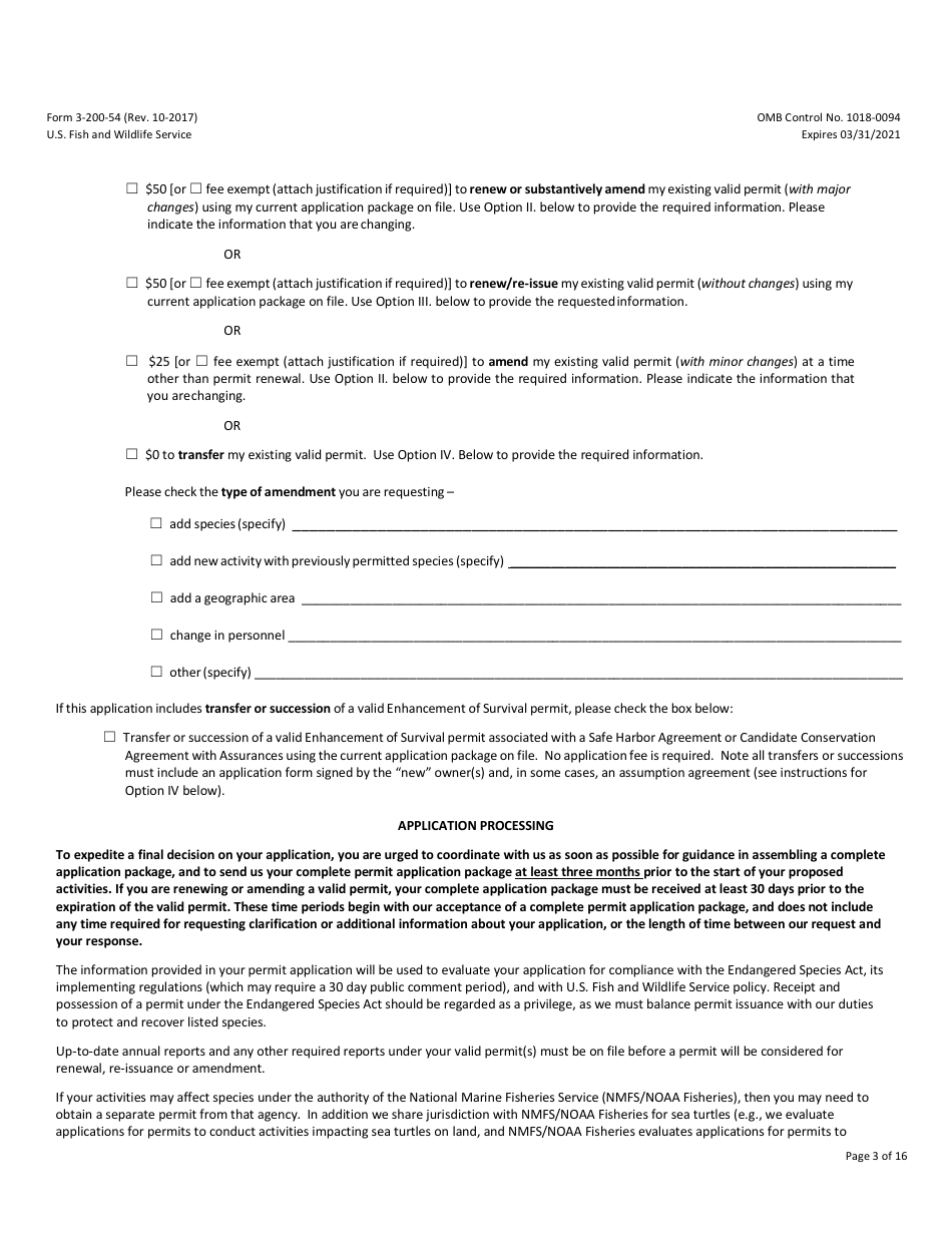 FWS Form 3-200-54 Federal Fish and Wildlife Permit Application Form - Native Endangered  Threatened Species - Enhancement of Survival Permits Associated With Safe Harbor Agreement  Candidate Conservation Agreement With Assurances, Page 3