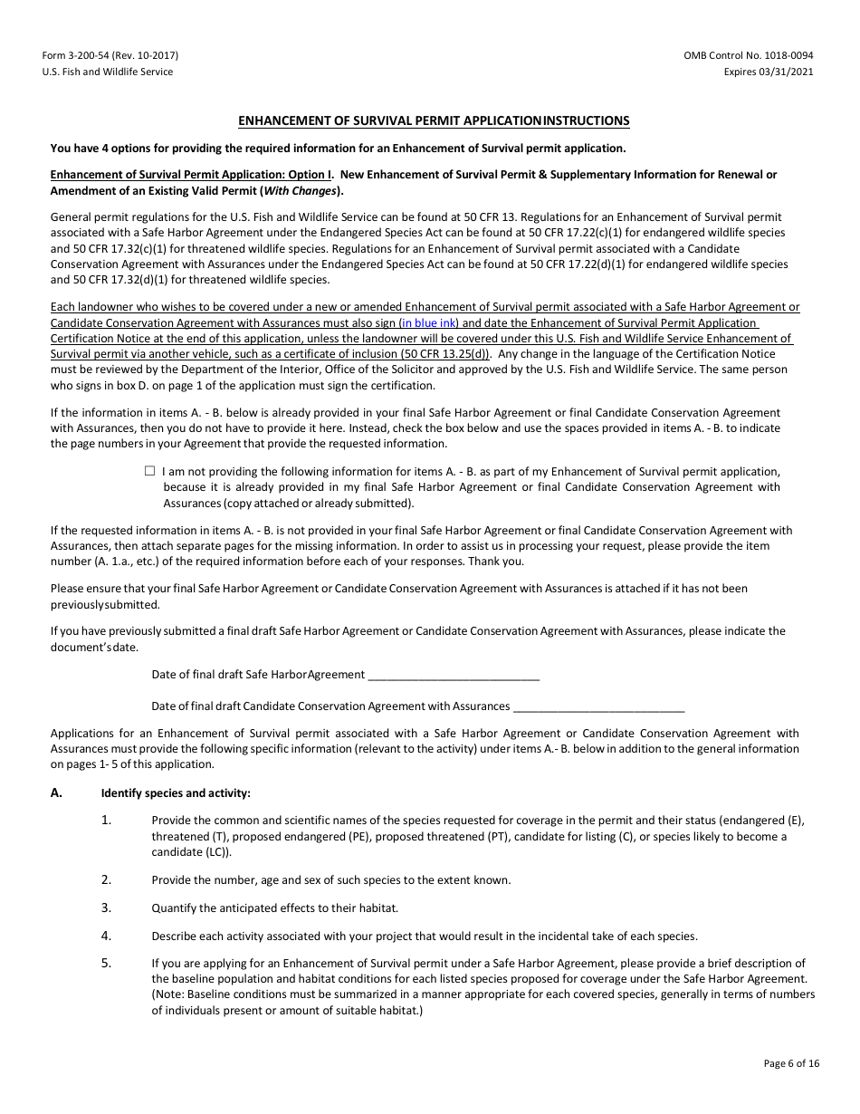 FWS Form 3-200-54 Federal Fish and Wildlife Permit Application Form - Native Endangered  Threatened Species - Enhancement of Survival Permits Associated With Safe Harbor Agreement  Candidate Conservation Agreement With Assurances, Page 6