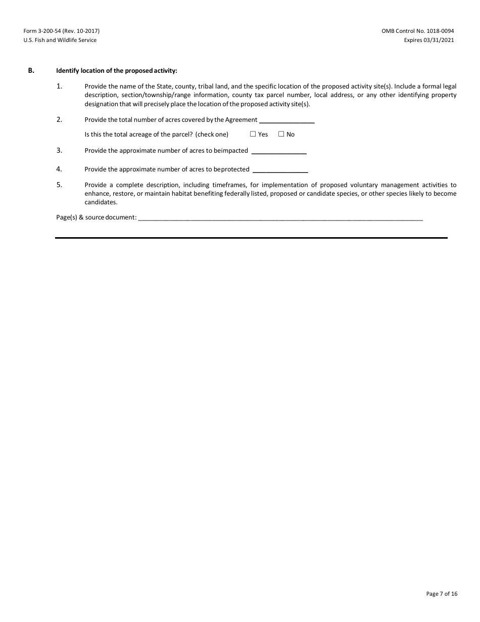 FWS Form 3-200-54 Federal Fish and Wildlife Permit Application Form - Native Endangered  Threatened Species - Enhancement of Survival Permits Associated With Safe Harbor Agreement  Candidate Conservation Agreement With Assurances, Page 7
