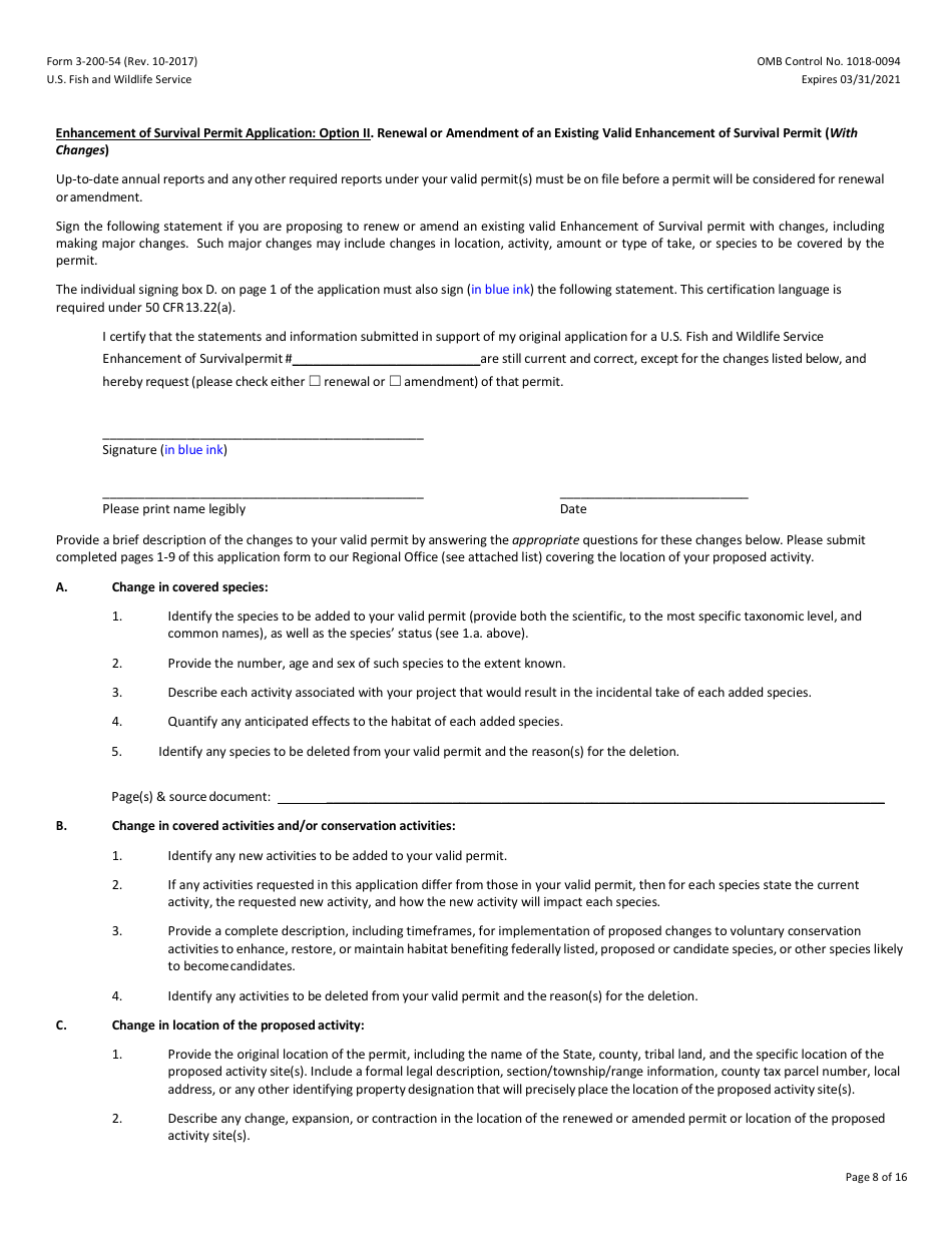 FWS Form 3-200-54 Federal Fish and Wildlife Permit Application Form - Native Endangered  Threatened Species - Enhancement of Survival Permits Associated With Safe Harbor Agreement  Candidate Conservation Agreement With Assurances, Page 8