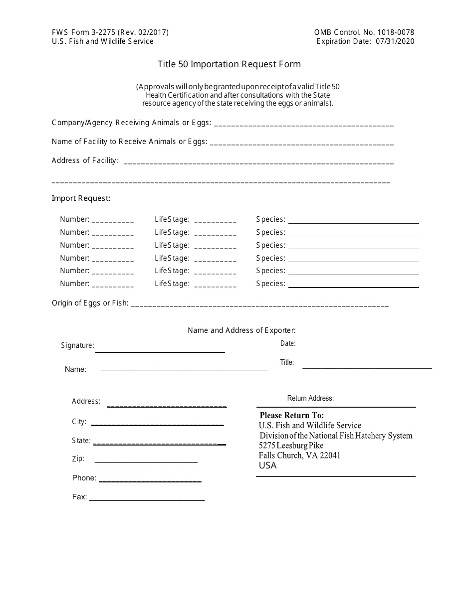FWS Form 3-2275 Title 50 Importation Request Form, Page 1