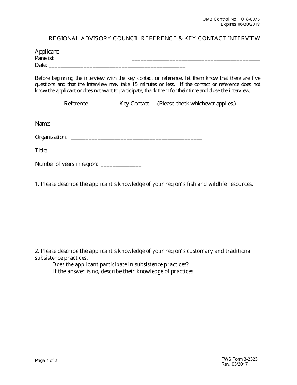 FWS Form 3-2323 Regional Advisory Council Reference  Key Contact Interview, Page 1