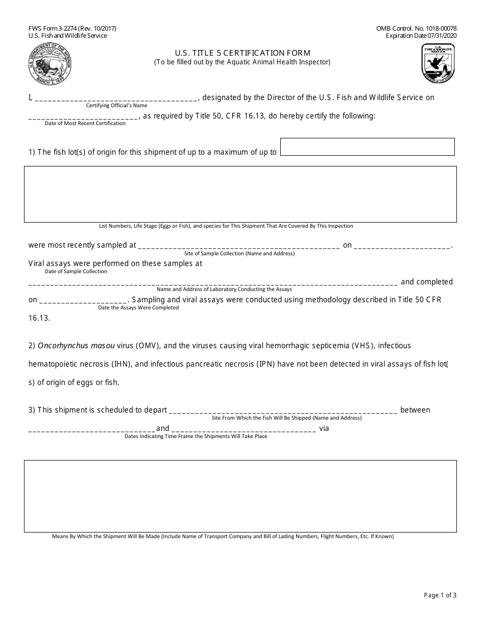 FWS Form 3-2274 U.S. Title 5 Certification Form, Page 1