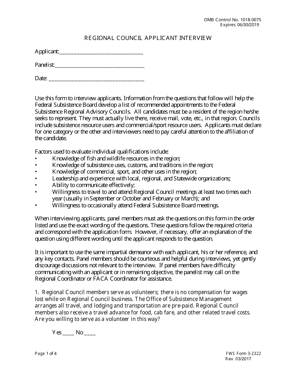 FWS Form 3-2322 Regional Council Applicant Interview, Page 1