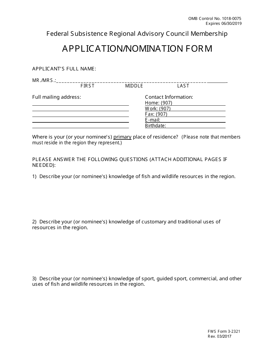 FWS Form 3-2321 Regional Council Membership Application / Nomination Form, Page 1