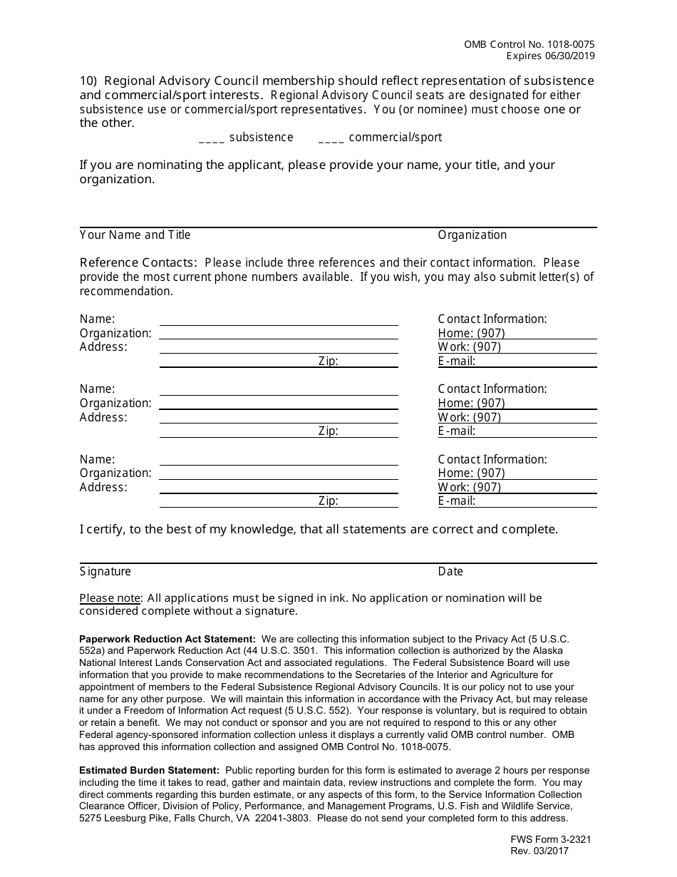 FWS Form 3-2321 Regional Council Membership Application / Nomination Form, Page 3