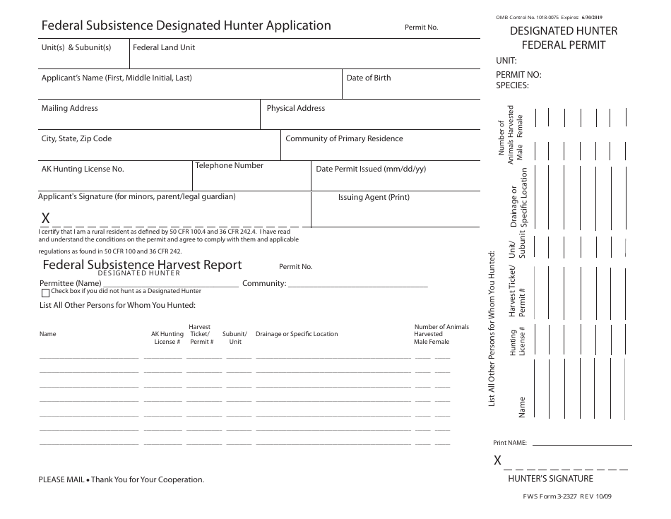 FWS Form 3-2327 Federal Subsistence Designated Hunter Application, Page 1