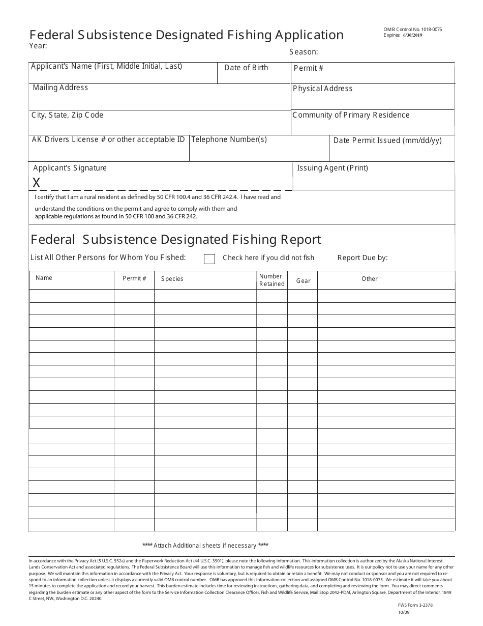 FWS Form 3-2378 Federal Subsistence Designated Fishing Application, Page 1