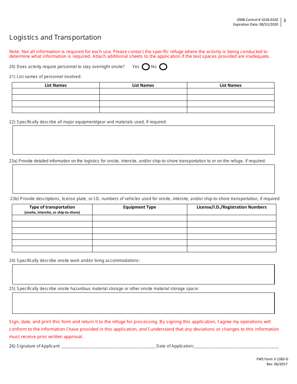 FWS Form 3-1383-G Special Use Permit Application - General Activities, Page 3
