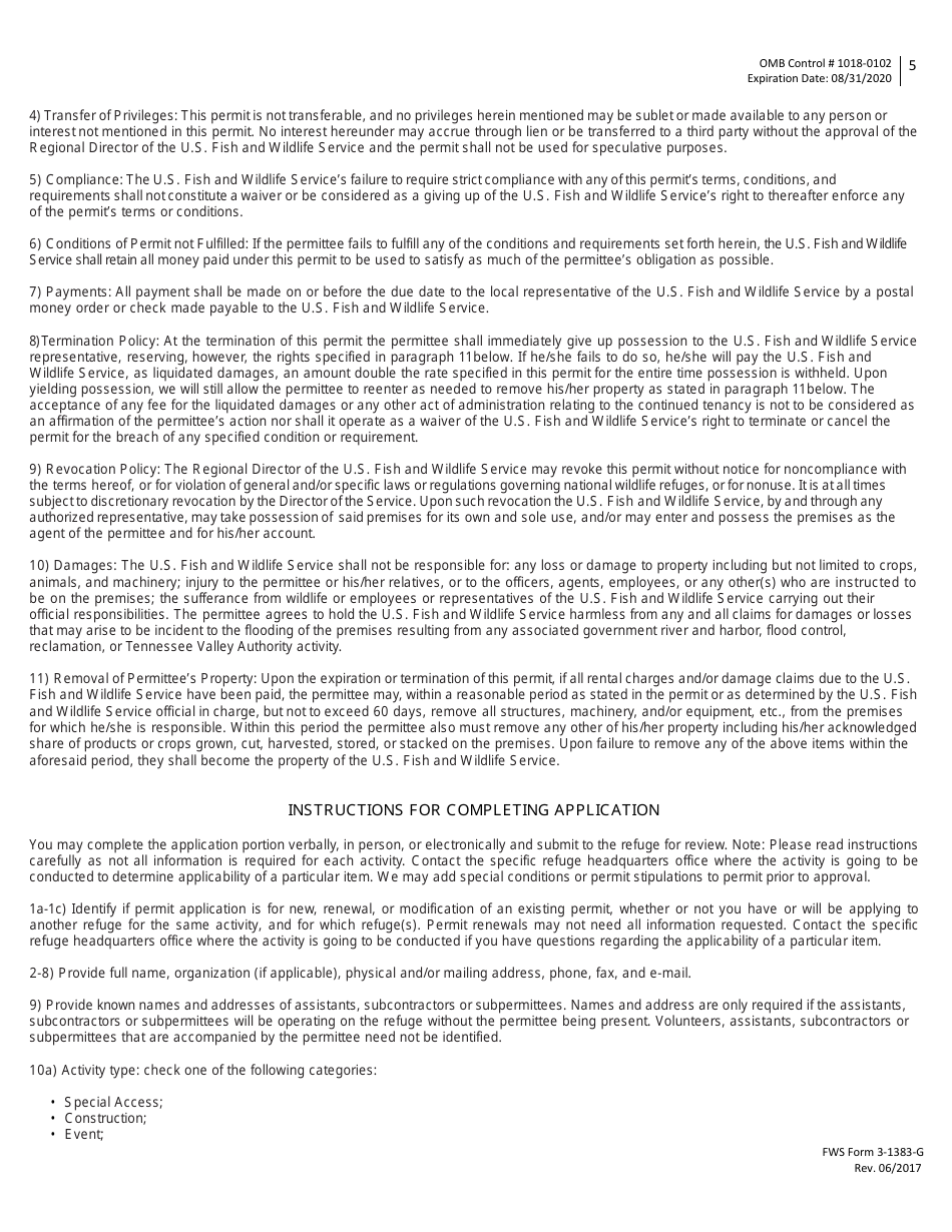 FWS Form 3-1383-G Special Use Permit Application - General Activities, Page 5