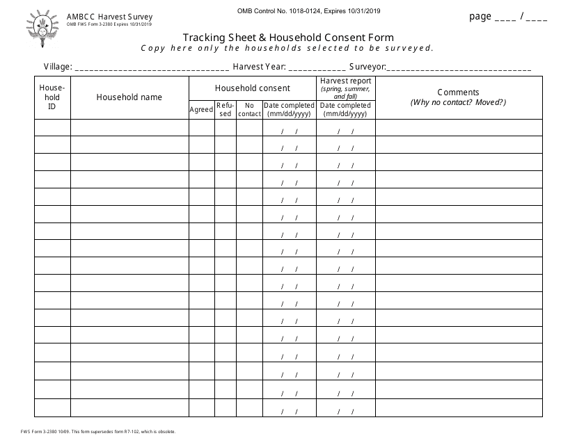 FWS Form 3-2380 Tracking Sheet & Household Consent Form
