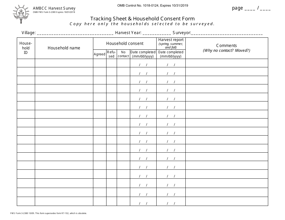 FWS Form 3-2380 Tracking Sheet  Household Consent Form, Page 1