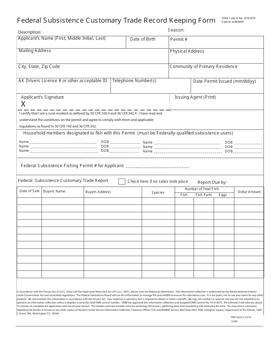FWS Form 3-2379 Federal Subsistence Customary Trade Record Keeping Form, Page 1