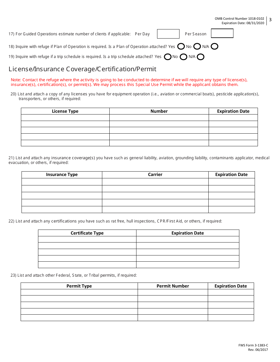 FWS Form 3-1383- Special Use Permit Application - Commercial Activities, Page 3