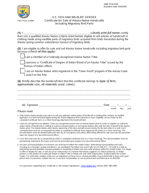 FWS Form 3-2484 Certificate for Sale of Alaska Native Handcrafts Including Migratory Bird Parts