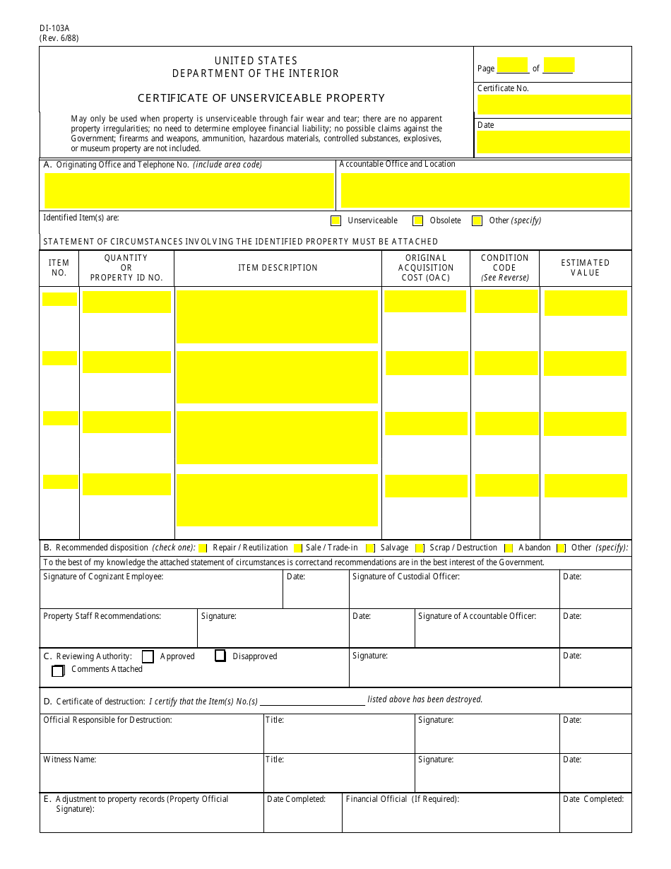 Form DI-103A Certificate of Unserviceable Property, Page 1