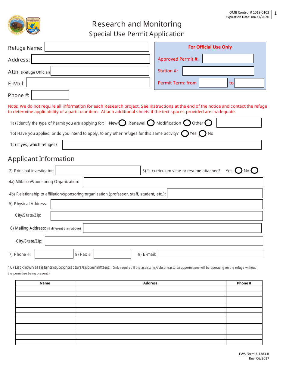 FWS Form 3-1383-R Special Use Permit Application - Research and Monitoring, Page 1