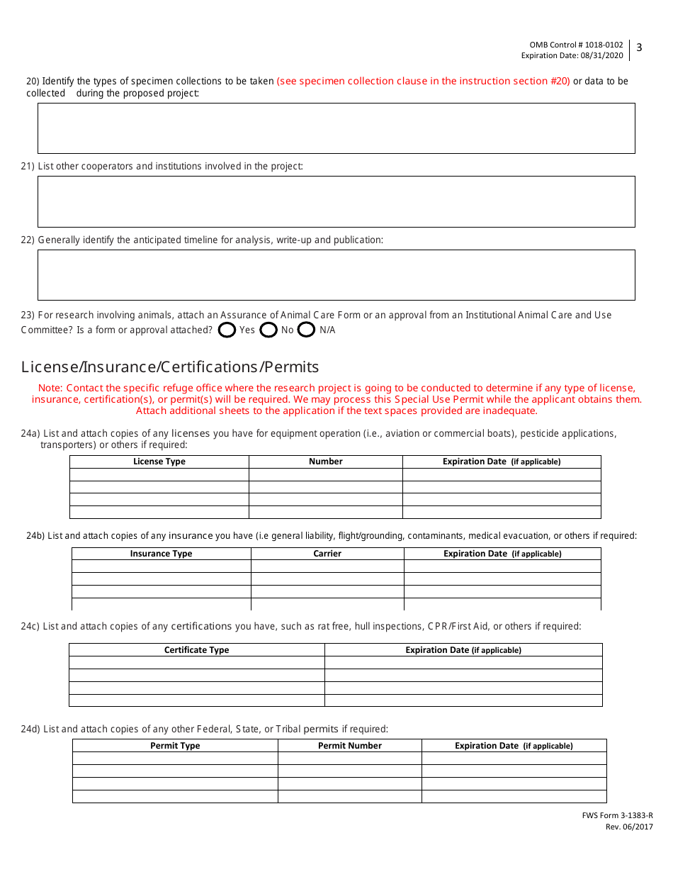 FWS Form 3-1383-R Special Use Permit Application - Research and Monitoring, Page 3