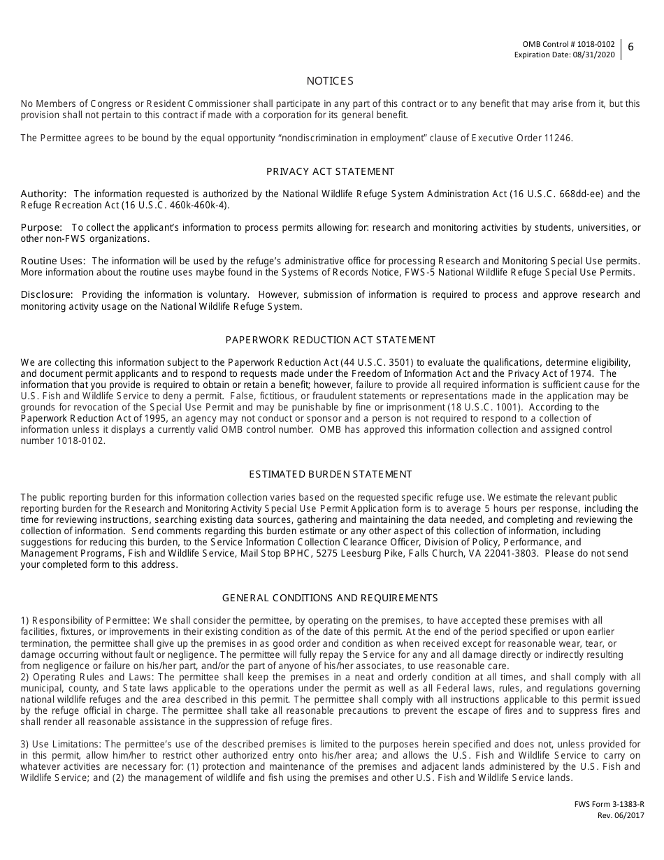 FWS Form 3-1383-R Special Use Permit Application - Research and Monitoring, Page 6