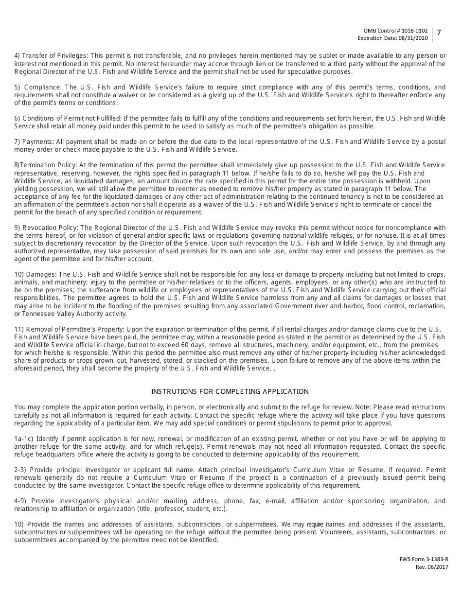 FWS Form 3-1383-R Special Use Permit Application - Research and Monitoring, Page 7