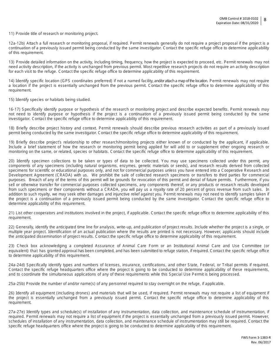 FWS Form 3-1383-R Special Use Permit Application - Research and Monitoring, Page 8