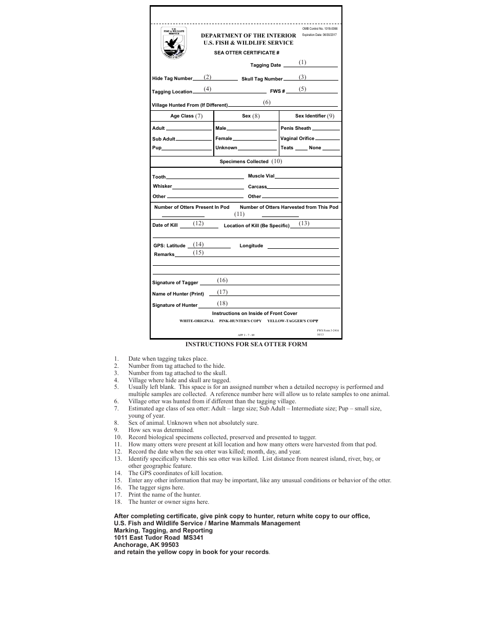 FWS Form 3-2416 Sea Otter Certificate, Page 2