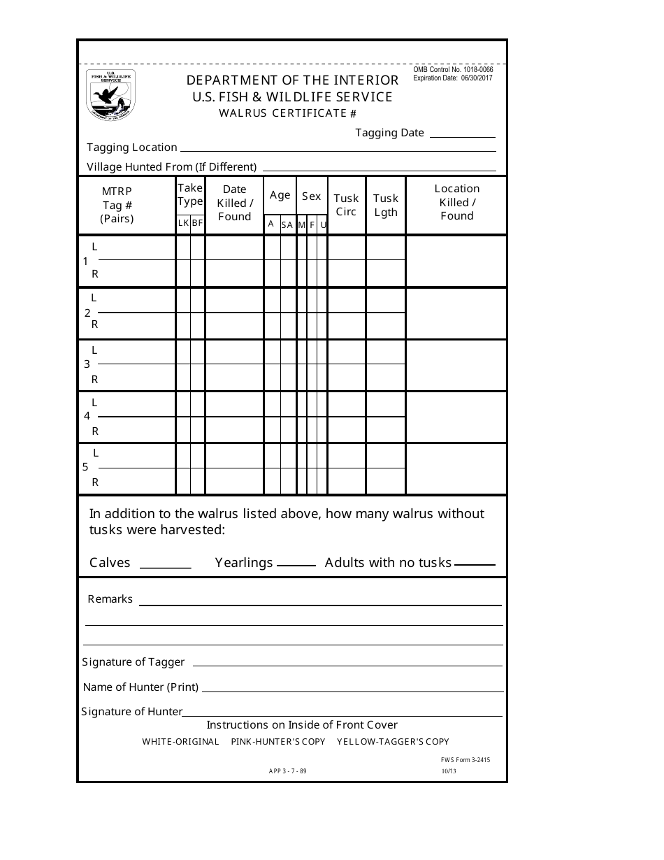 FWS Form 3-2415 Walrus Certificate, Page 3