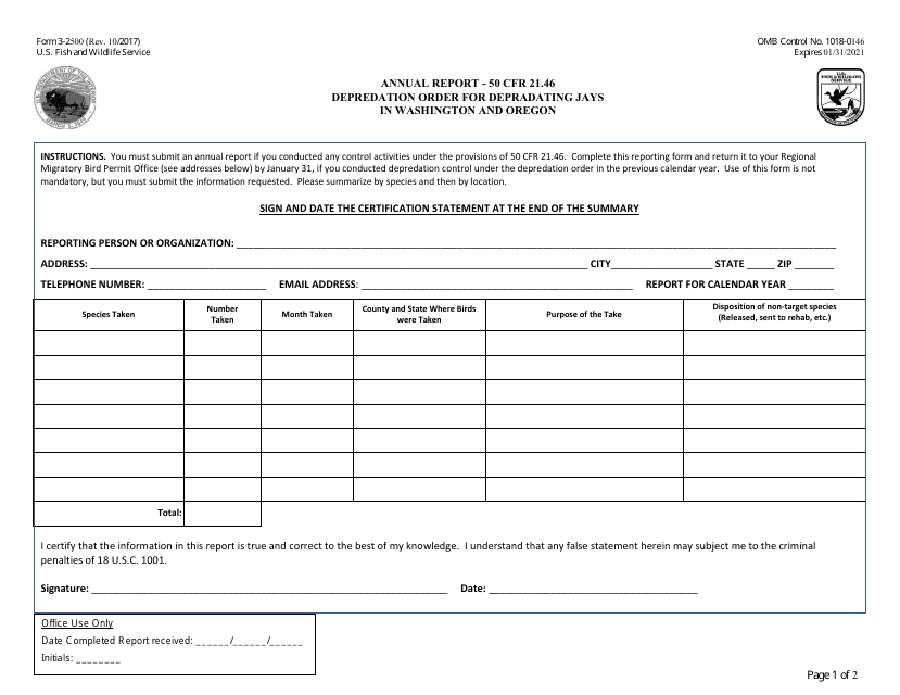 FWS Form 3-2500 Annual Report - 50 Cfr 21.46 - Depredation Order for Depradating Jays in Washington and Oregon