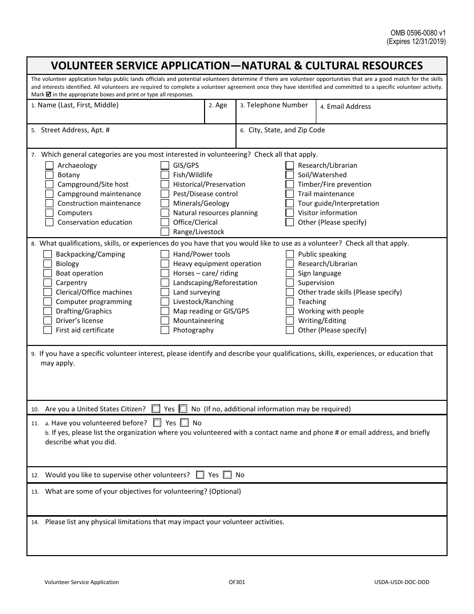 Form OF301 Volunteer Service Application - Natural  Cultural Resources, Page 1