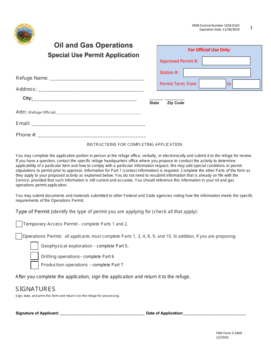 FWS Form 3-2469 Special Use Permit Application - Oil and Gas Operations, Page 1