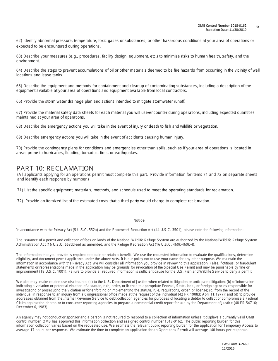 FWS Form 3-2469 Special Use Permit Application - Oil and Gas Operations, Page 6