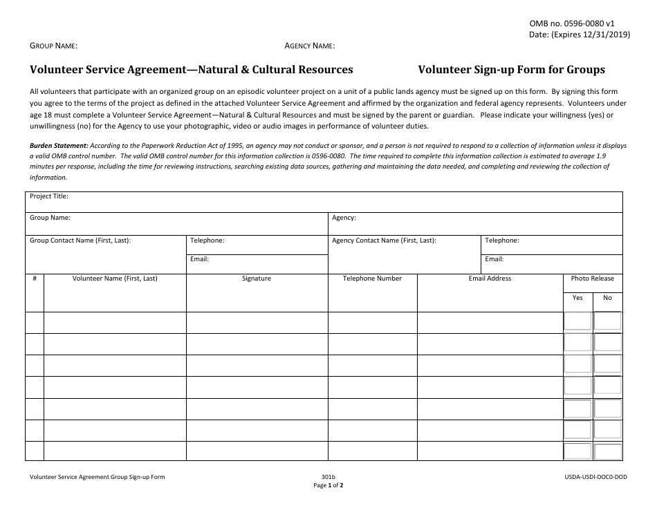 Form 301B Volunteer Service Agreementnatural  Cultural Resources - Volunteer Sign-Up Form for Groups, Page 1