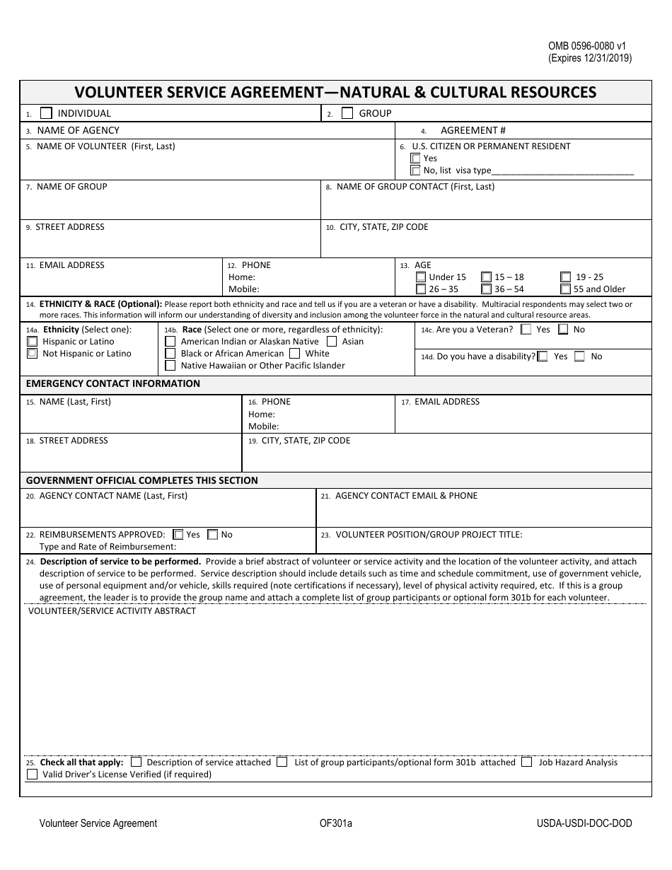 Form OF301A Volunteer Service Agreementnatural  Cultural Resources, Page 1
