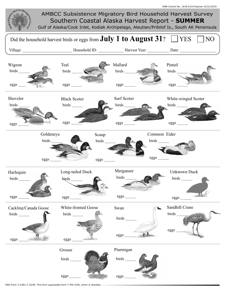 FWS Form 3-2381-2 Southern Coastal Alaska Harvest Report, Page 3