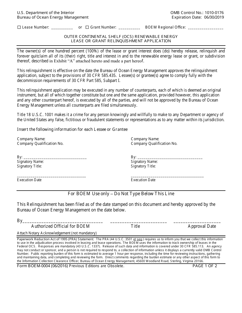 Form BOEM-0004 Outer Continental Shelf (Ocs) Renewable Energy Lease or Grant Relinquishment Application, Page 1