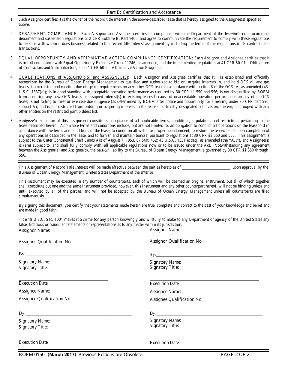 Form BOEM-0150 Assignment of Record Title Interest in Federal Ocs Oil and Gas Lease, Page 2