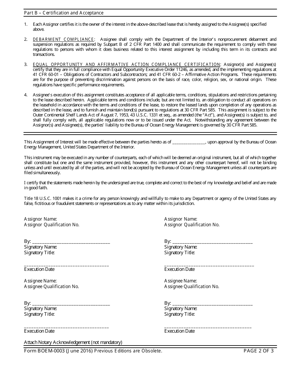 Form BOEM-0003 Outer Continental Shelf (Ocs) Renewable Energy Assignment of Interest in Lease, Page 2