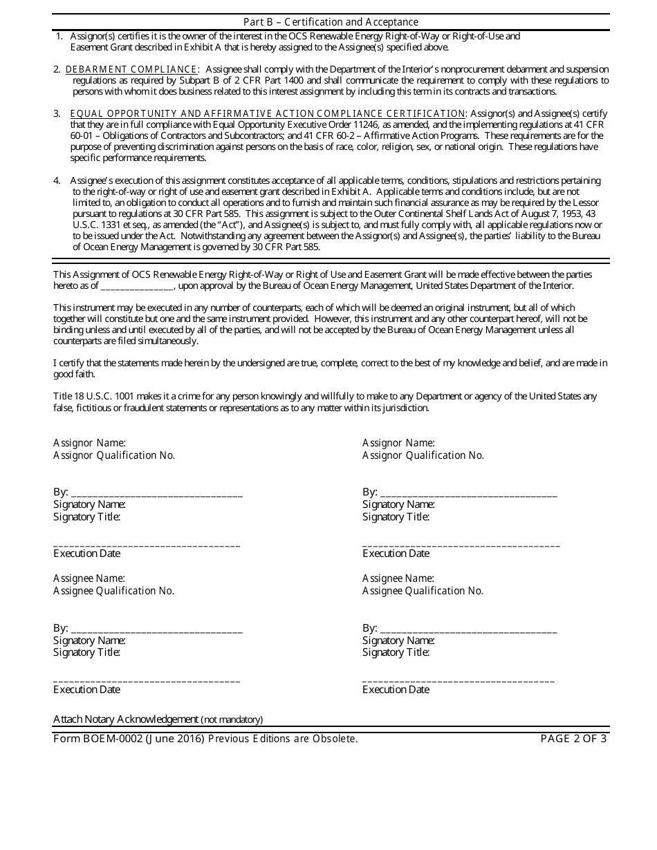 Form BOEM-0002 Outer Continental Shelf (Ocs) Renewable Energy Assignment of Grant, Page 2