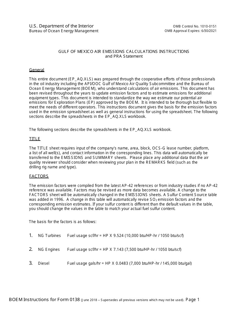 Instructions for Form BOEM-0138 Gulf of Mexico Air Emissions Calculations for Eps, Page 1