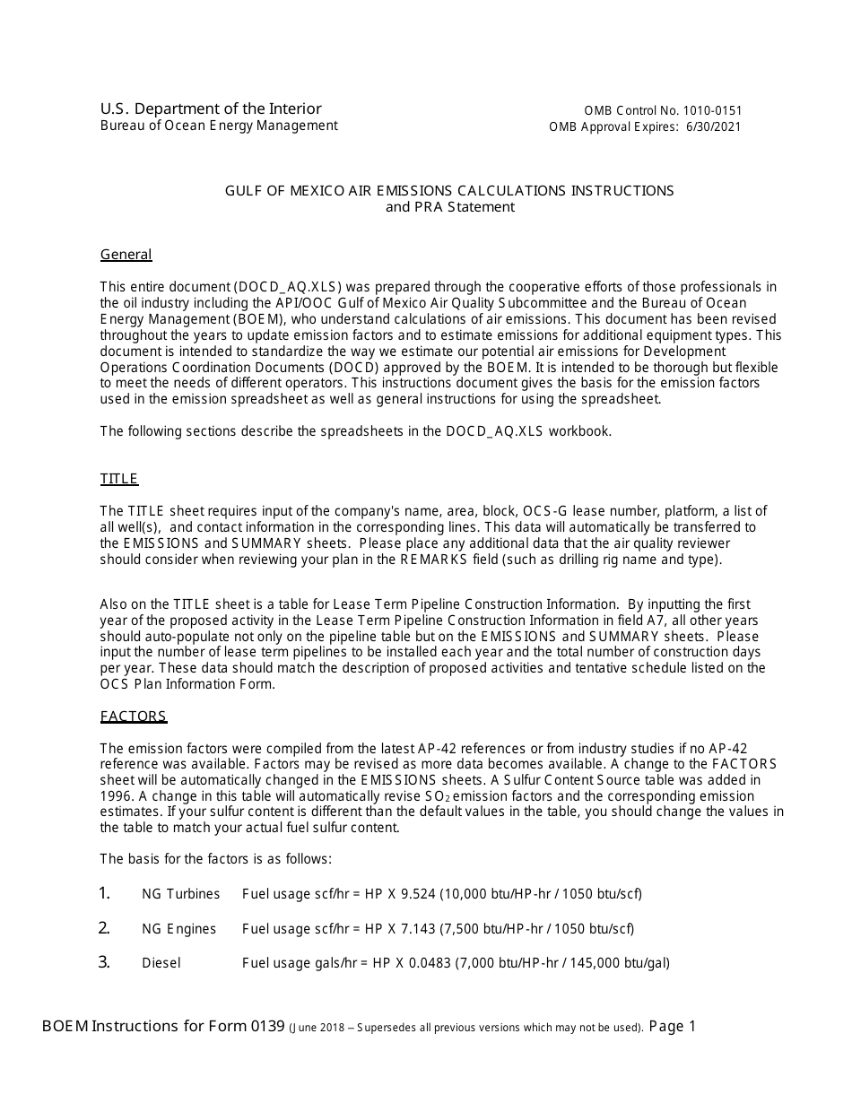 Instructions for Form 0139 Gulf of Mexico Air Emissions Calculations, Page 1