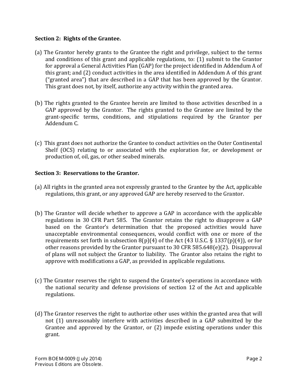 Form BOEM-0009 Right-Of-Way Grant of Submerged Lands on the Outer Continental Shelf to Support Renewable Energy Development, Page 2