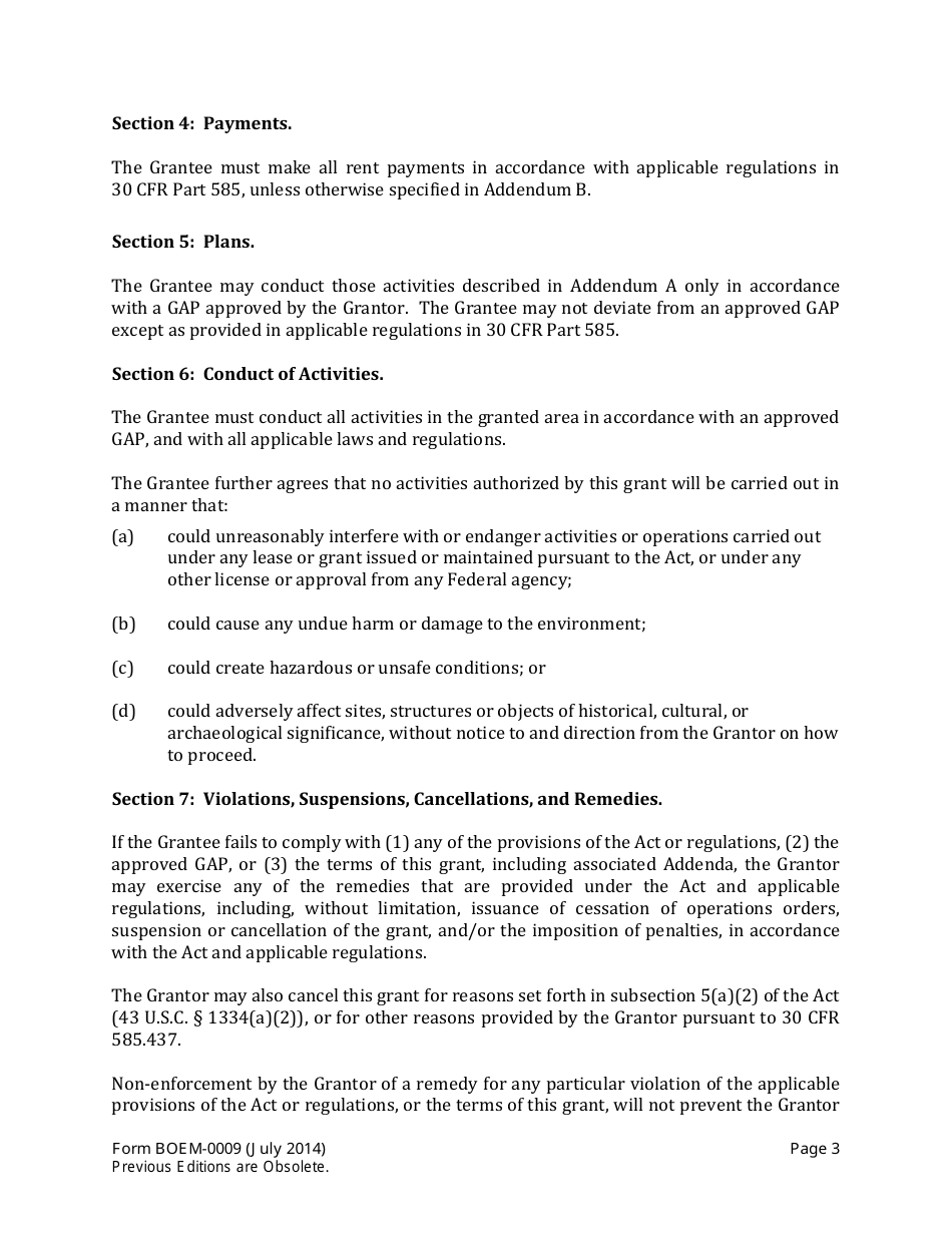 Form BOEM-0009 Right-Of-Way Grant of Submerged Lands on the Outer Continental Shelf to Support Renewable Energy Development, Page 3
