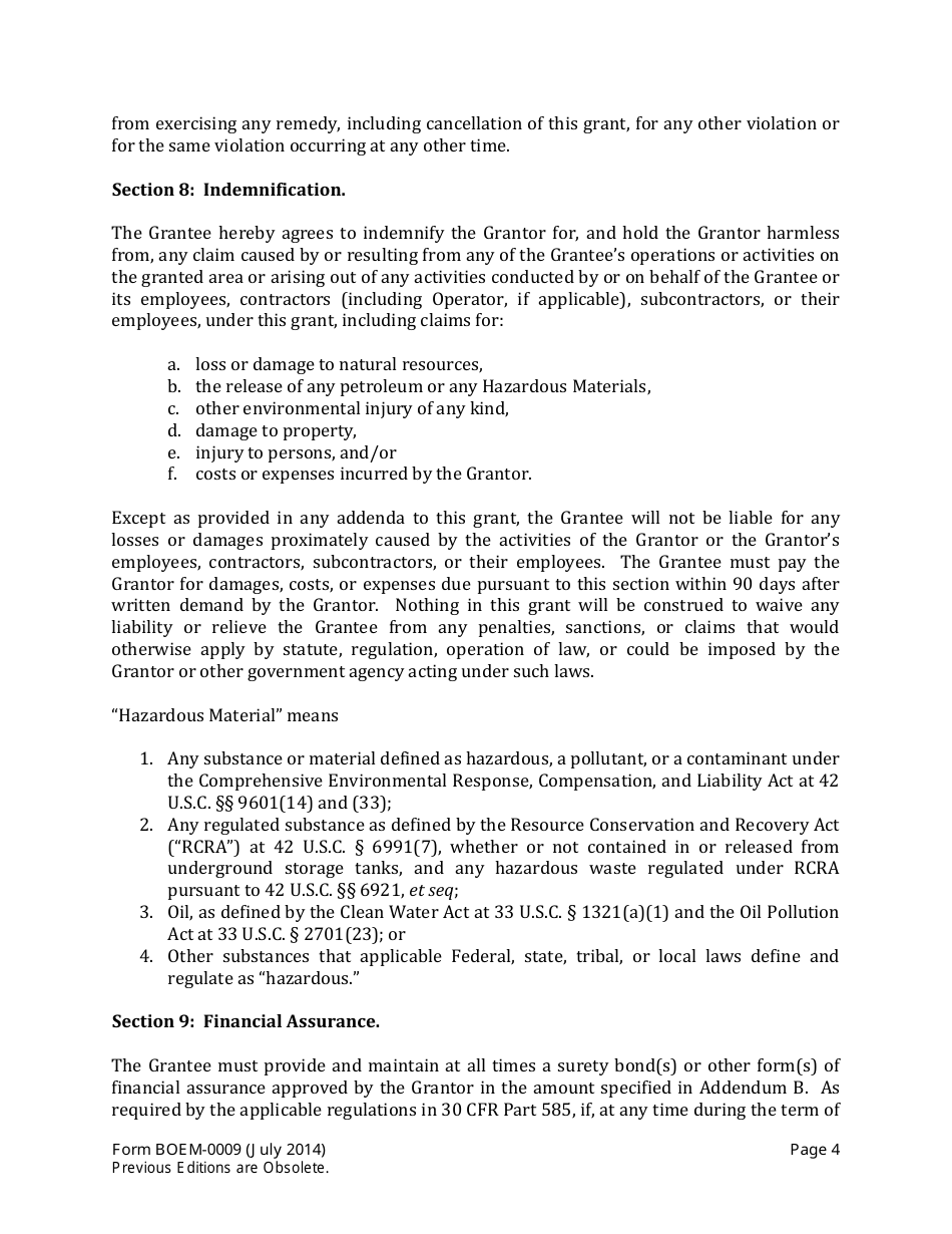 Form BOEM-0009 Right-Of-Way Grant of Submerged Lands on the Outer Continental Shelf to Support Renewable Energy Development, Page 4