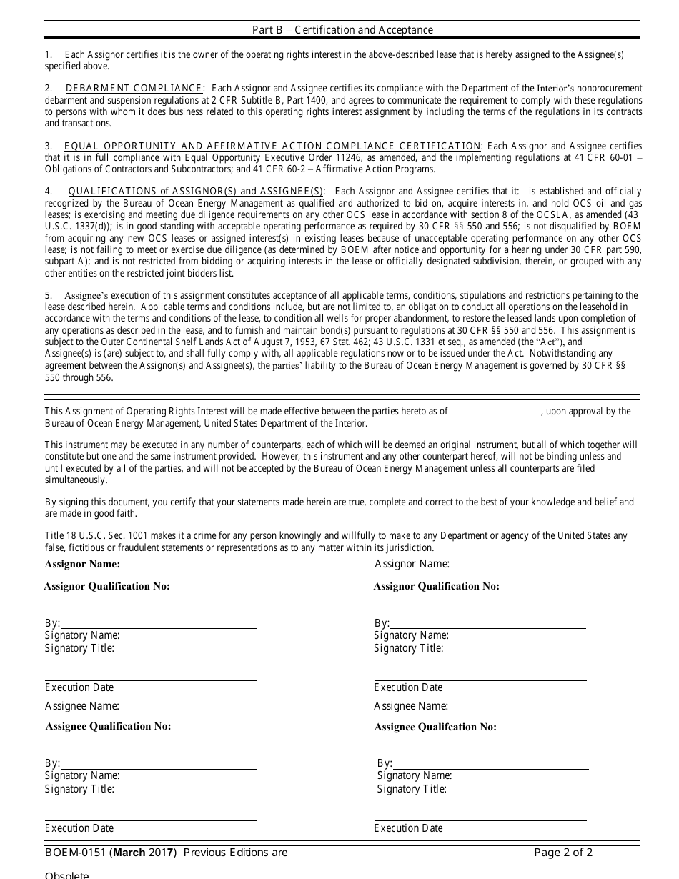Form BOEM-0151 Assignment of Operating Rights Interest in Federal Ocs Oil and Gas Lease, Page 2