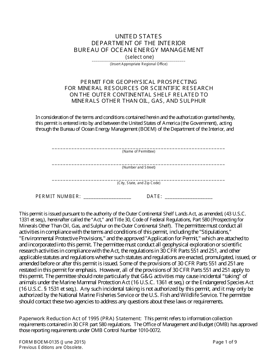 Form BOEM-0135 Permit for Geophysical Prospecting for Mineral Resources or Scientific Research on the Outer Continental Shelf Related to Minerals Other Than Oil, Gas, and Sulphur, Page 1