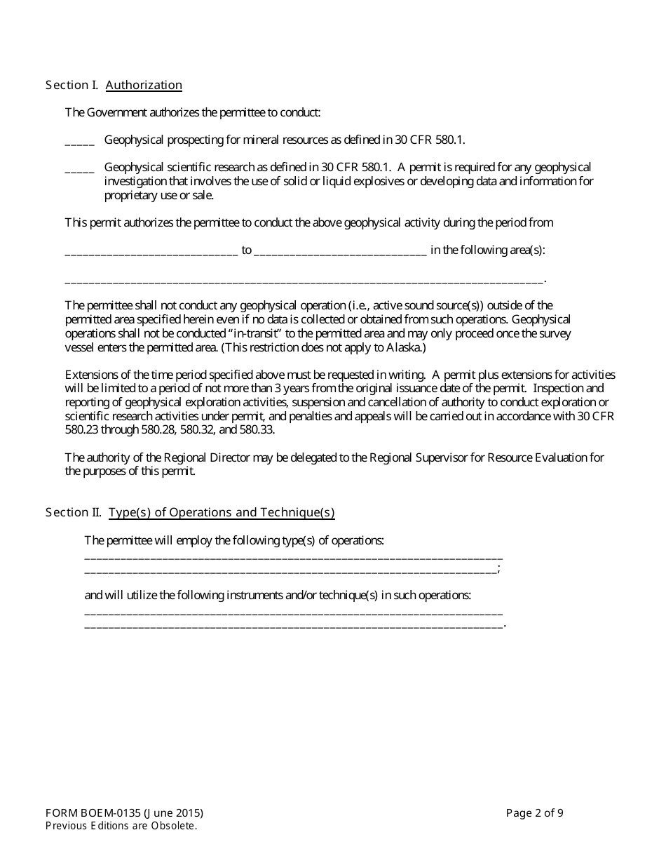 Form BOEM-0135 Permit for Geophysical Prospecting for Mineral Resources or Scientific Research on the Outer Continental Shelf Related to Minerals Other Than Oil, Gas, and Sulphur, Page 2